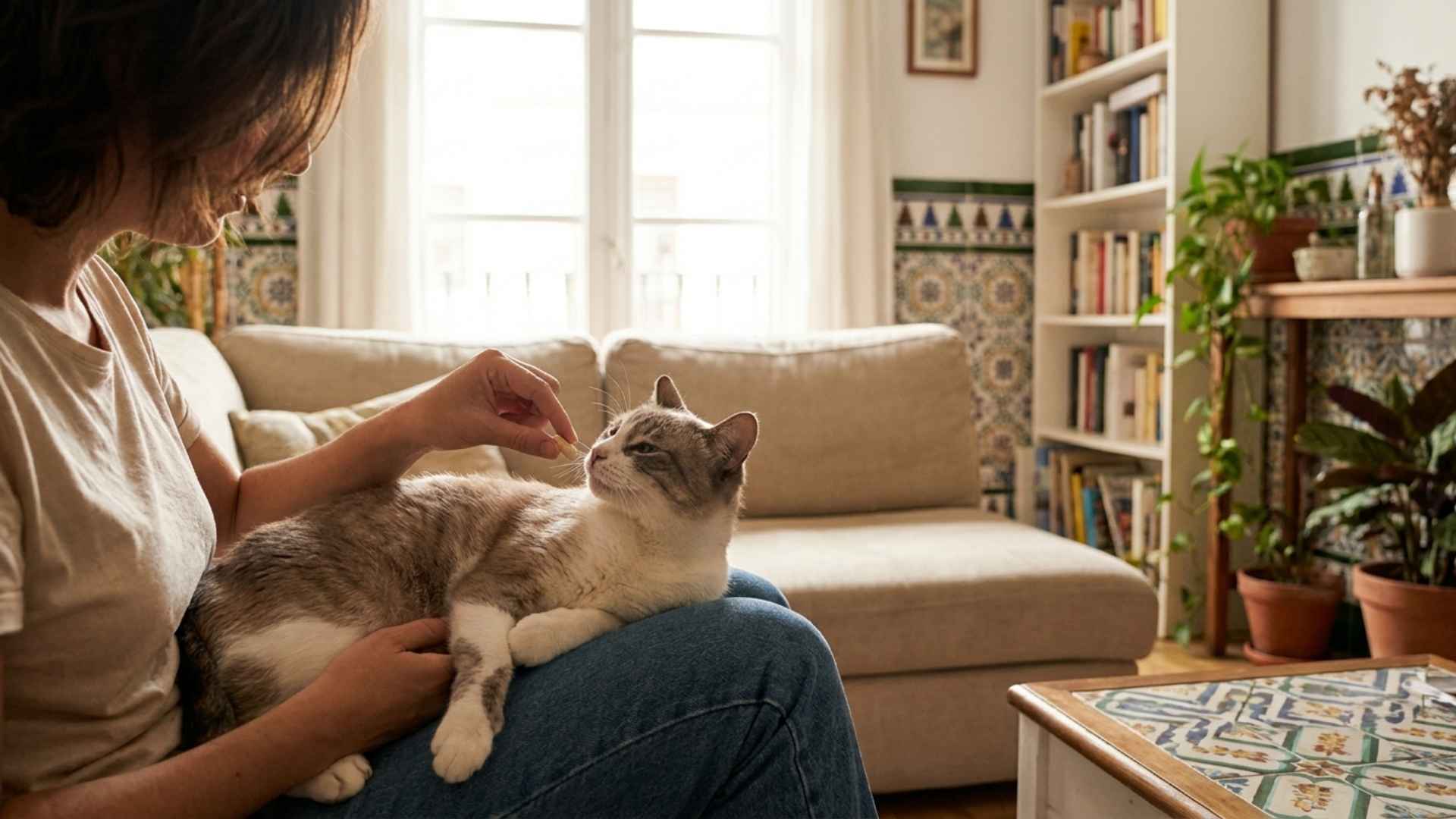 mujer dando lisina para gatos